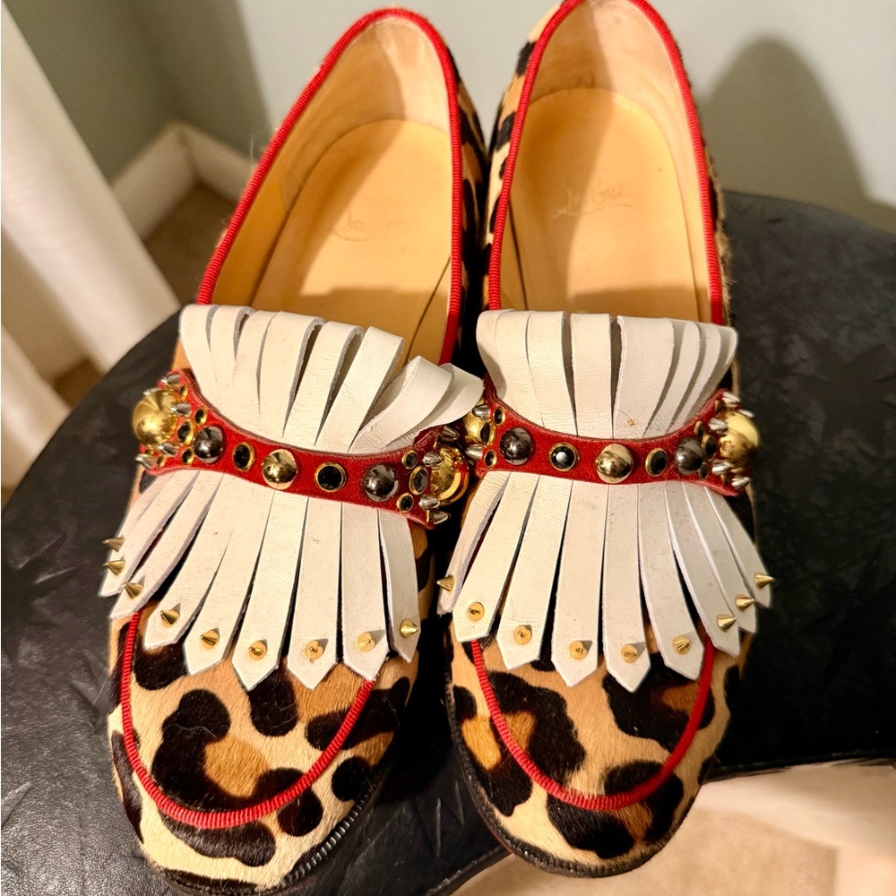 Christian Louboutin Octavian Leopard Print Loafers with White Fringe Size 37